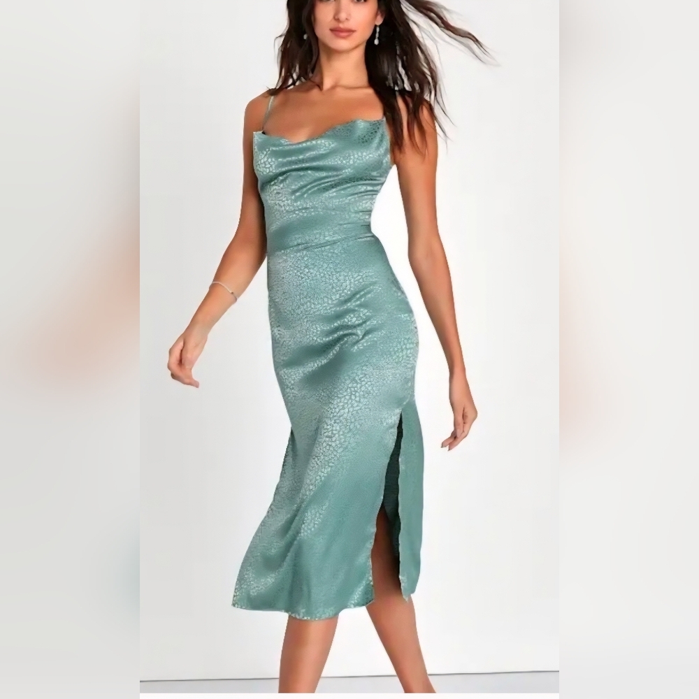Lulu's Seafoam Green Satin Midi Slip Dress